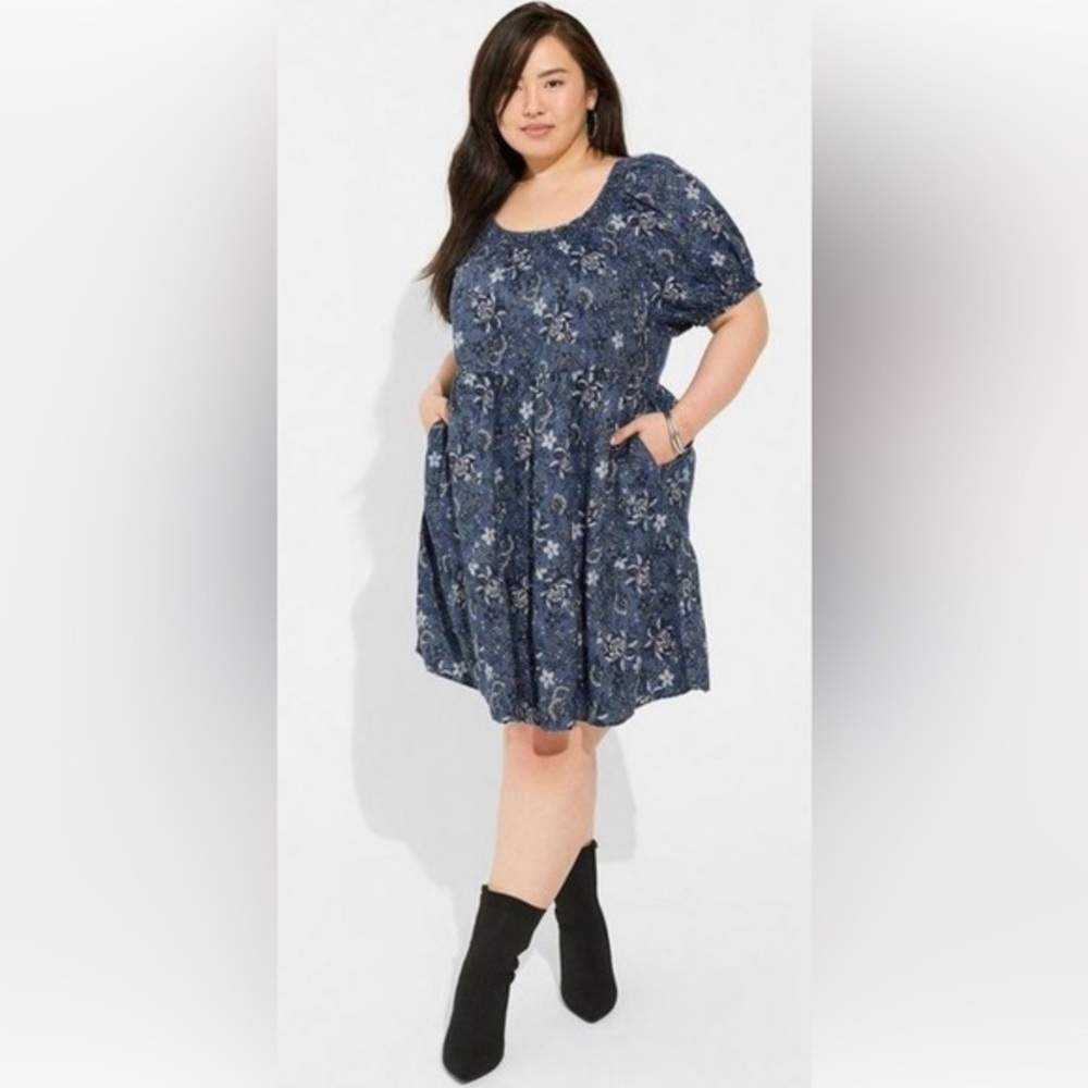 Mini Chambray Puff Sleeve Smocked Dress